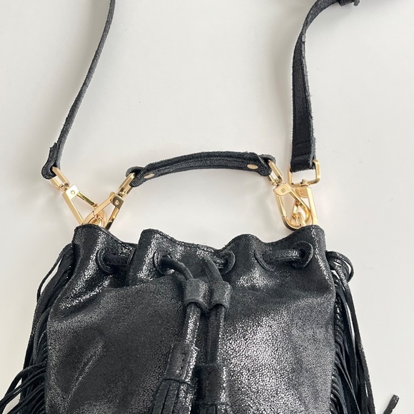 Brian Atwood Pippa Bucket Bag Black Metallic Mini Edgy Glam Western Fringe Boho - Picture 4 of 12